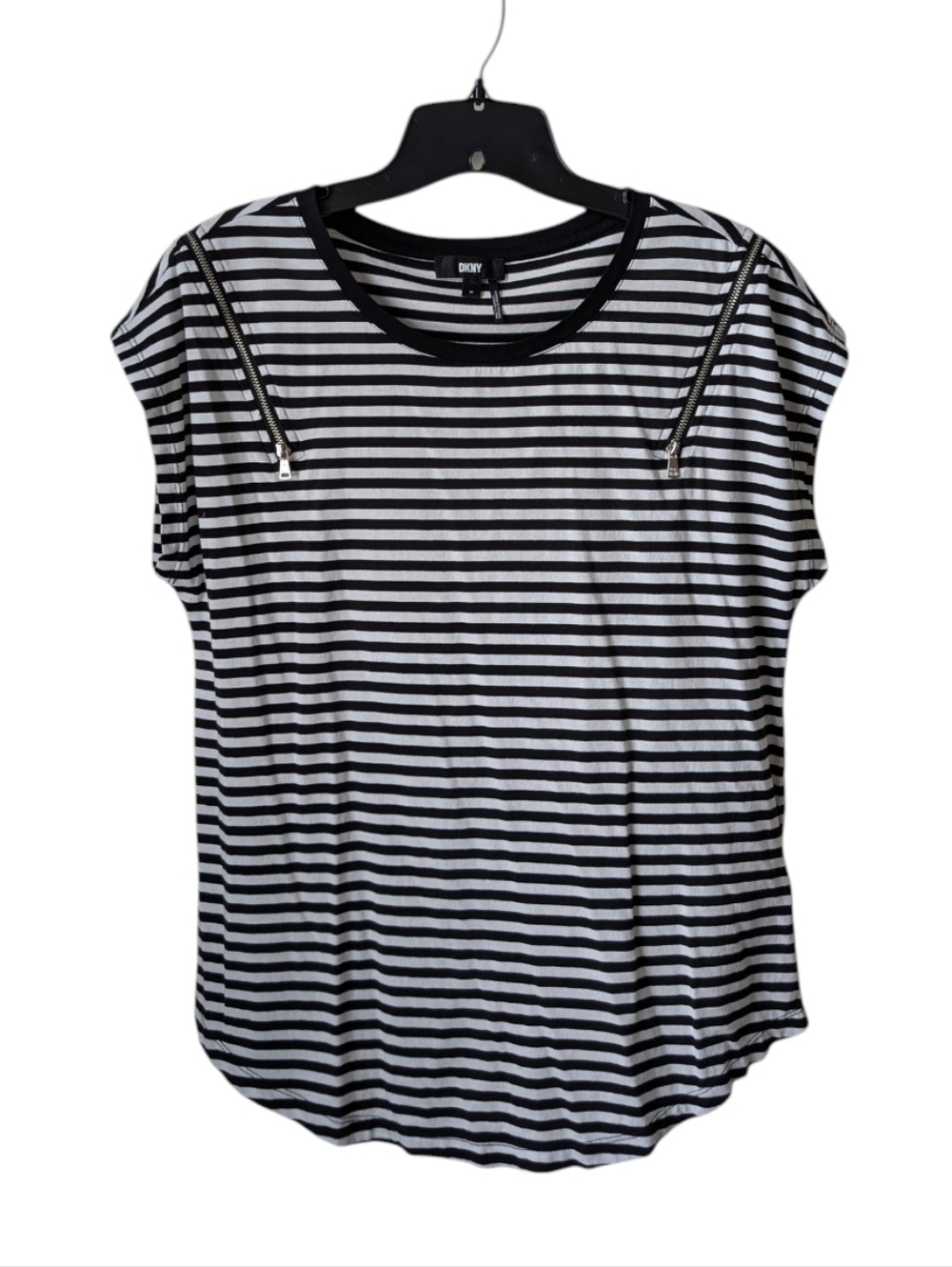 DKNY Stripe Short Sleeve Top with Zippers Black White Modal Medium Emo Punk Rock